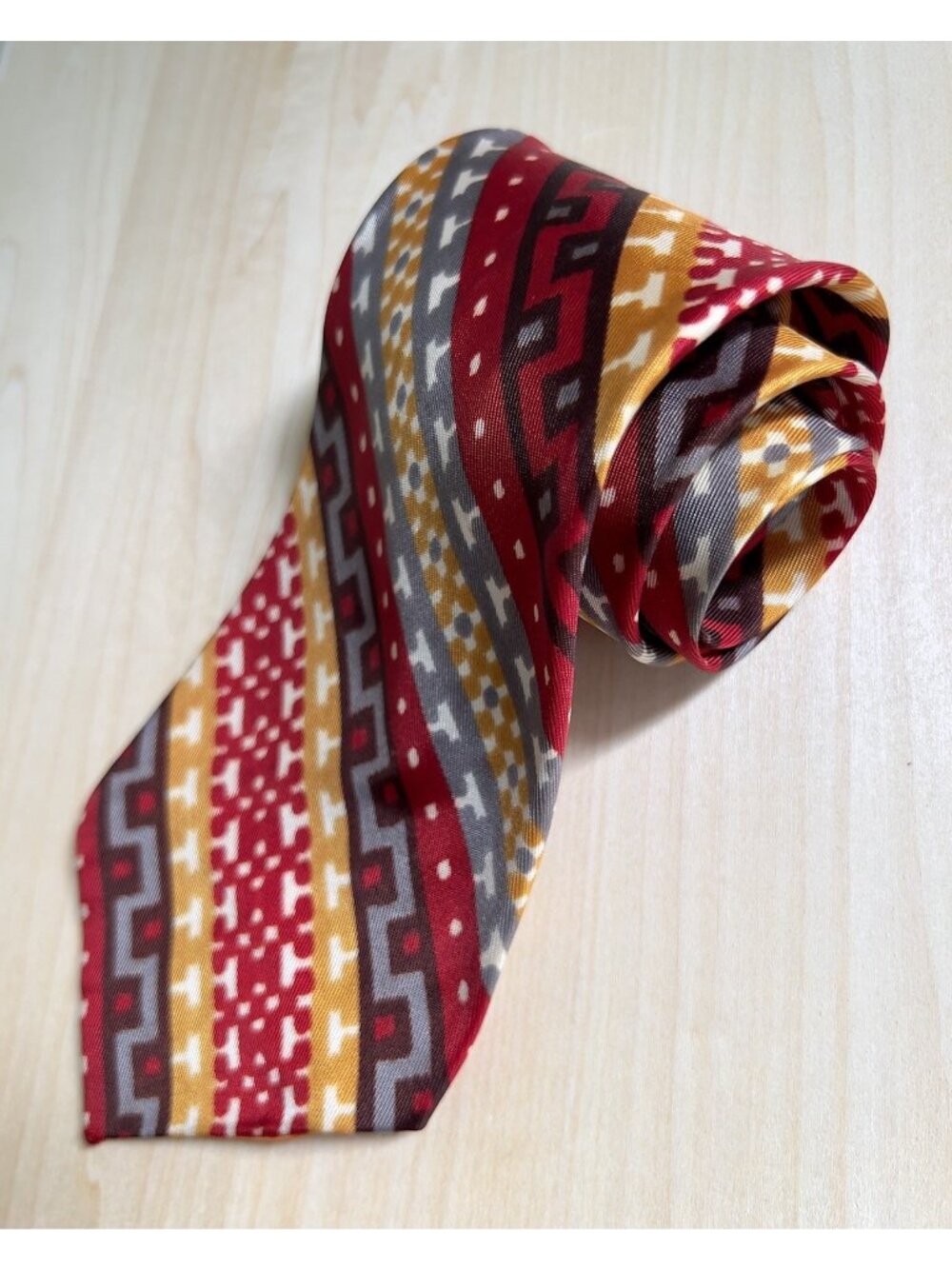Vintage Hand Made Silk Necktie by Virginia Red Gold Gray